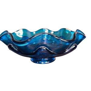 Vintage Viking Blue Double Scalloped Pedestal Epic Dish Art Glass Candy Dish MCM